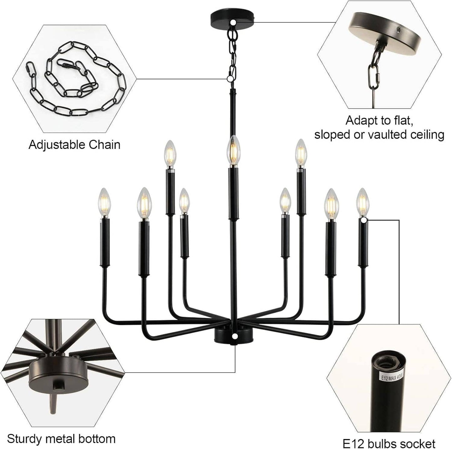 Black Farmhouse Chandelier 9 Light Dining Room Rustic